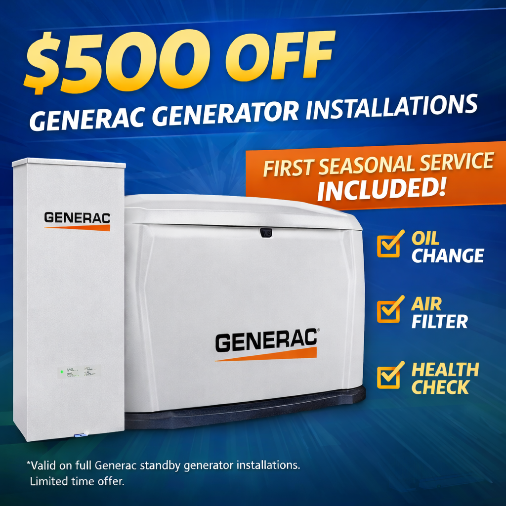 Generac 22kW whole home standby generator installation special with $500 savings in Glens Falls, Lake George , Saratoga Springs.