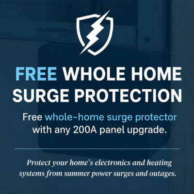 Free whole home surge protector special with any 200 amp panel upgrade from Signals Electric to help protect appliances, electronics, and home electrical systems from summer power surges.